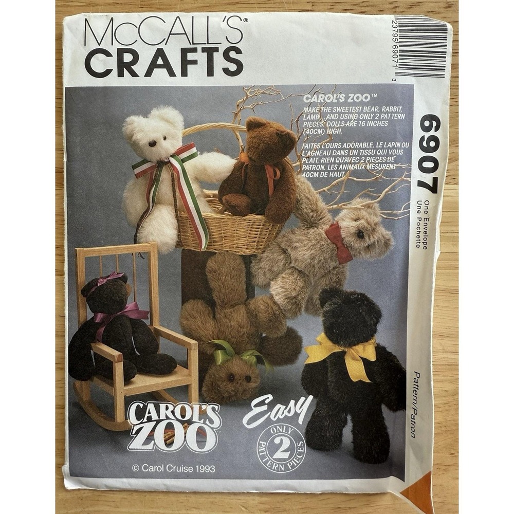 Carol's Zoo McCall's 6907 Crafts Plush Pattern For 16" Bear, Rabbit, Lamb UC FF